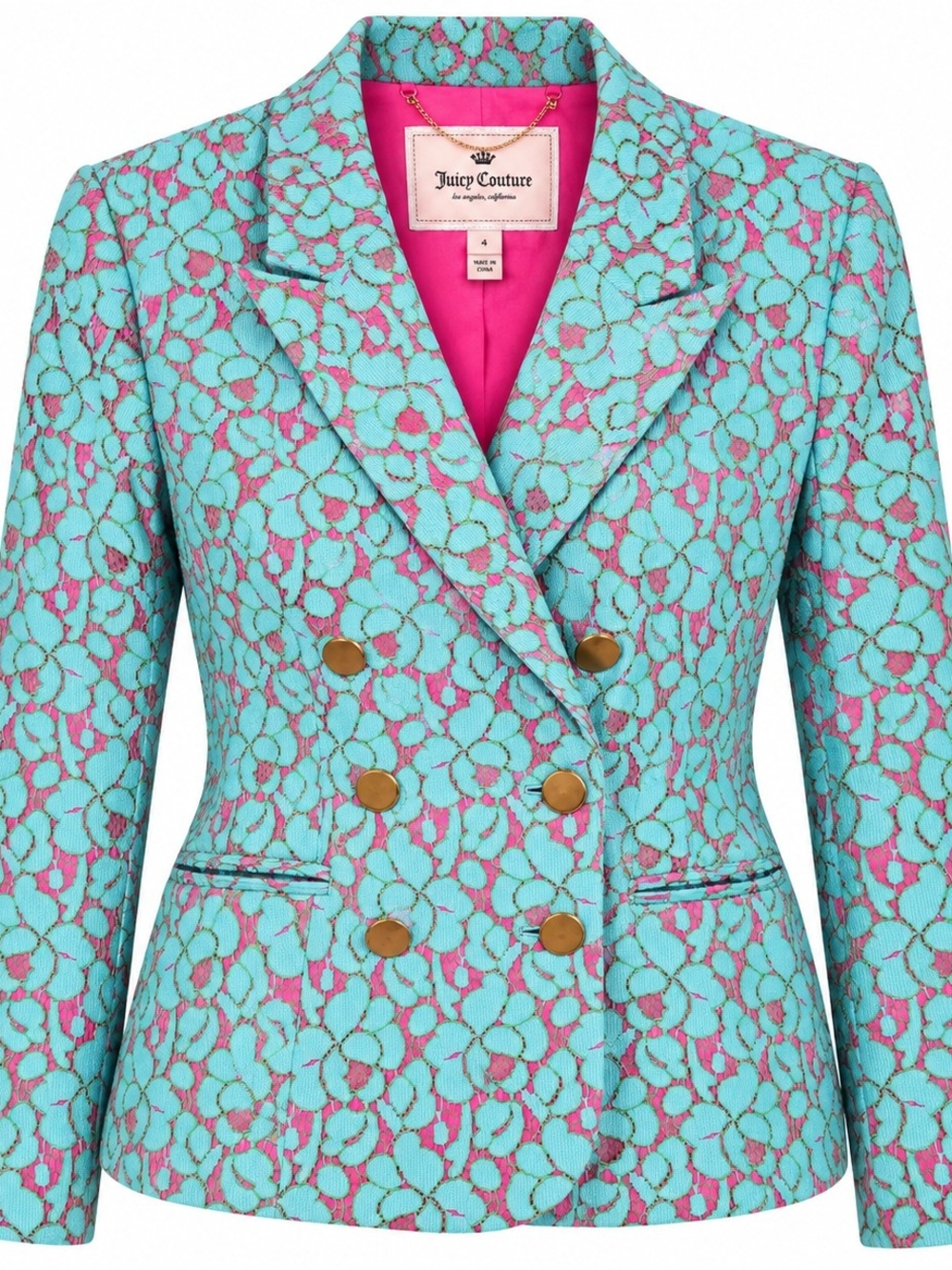 Juicy Couture Turquoise Pink Floral Lace Double-Breasted Blazer Size 4 Y2K